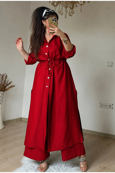 AZRA BUTİK Waist-Tied Tunic Set Red