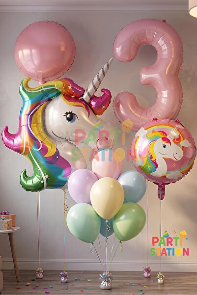 Parti Station Unicorn Balon Seti 3 Yaş Doğum Günü Süsleme Seti Pembe Rakam Ba...