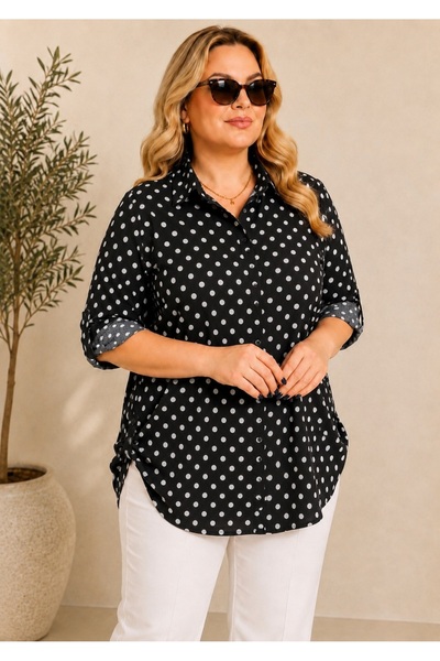 FOR ESRA BIG TREND Women's Plus Size Black Polka Dot Pattern Woven Viscose Sh...