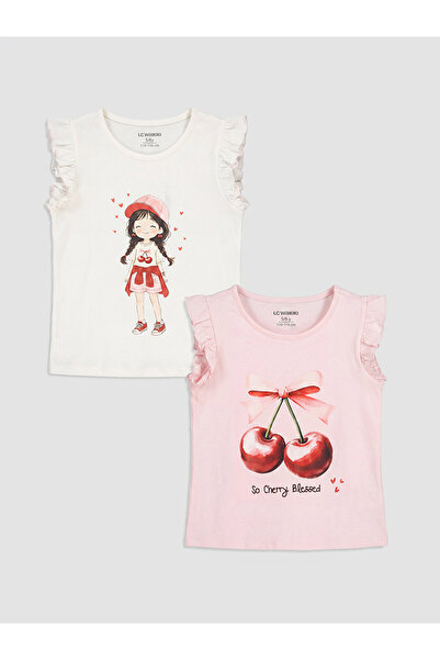 LC Waikiki Trendlucky Girls' Printed Undershirt with Oval Collar, 2-Piece Set