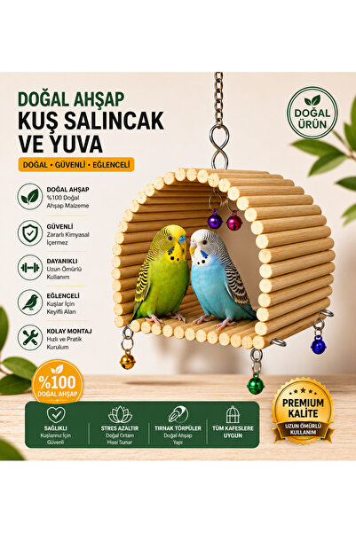 AlyaPetWorld Muhabbet Kuşu Ahşap Kuş Evi Doğal Ahşap Kuş Çadırı Askılı Kuş Sa...