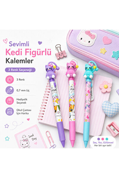 Mikro 3 Adet Kedi Figürlü Uçlu Kalem 0.7 mm Sevimli 3D Başlıklı Mekanik Kalem...