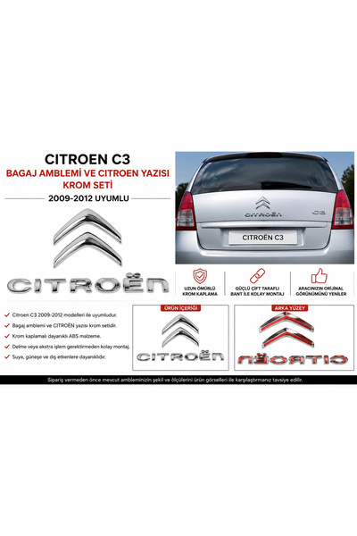 İthal Citroen C3 Bagaj Amblemi ve Citroen Yazısı Krom Seti 2009-2012 Uyumlu
