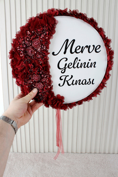 Mortex Bordo Aplik ve 3D Çiçek Süslemeli Kişiye Özel Gelin Tefi 32 cm Kına, D...