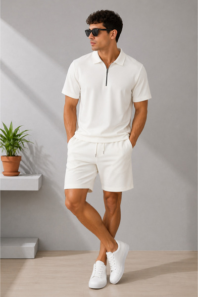 FECCY Premium Zipper Detailed Unisex Women's Men's Shorts T-Shirt Set