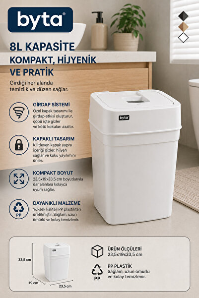 BYTA 8 Liter Trash Can with Lid – Anti-Odor Swirl System, Pp Plastic, Compact...