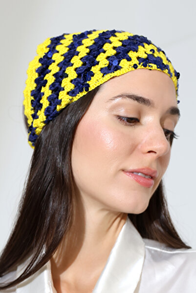 FATMA PULLU İP Yellow Navy Blue Sequined Hand Knitted Triangle Bandana – Hand...