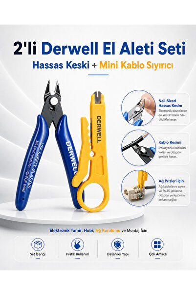 Derwell Hassas Yan Kişki Kablo Sıyırıcı Makas Seti; Elektronik Devre, Tel Kes...