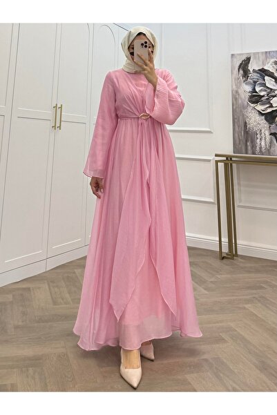 bezenstore GOLD TOKALI ŞİFON PEMBE ELBİSE