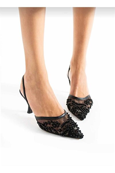 Moppy Elegant Lace Heeled Slipper – Transparent and Stone Detailed Women's Sh...