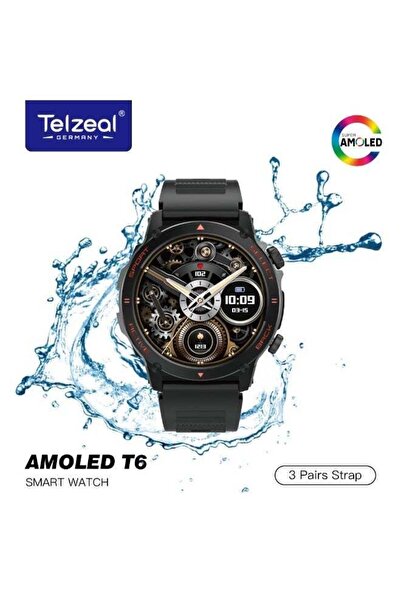 TELZEAL AMOLED T6 Smartwatch – Black, AMOLED Display, 30M Waterproof, 2 Strap...