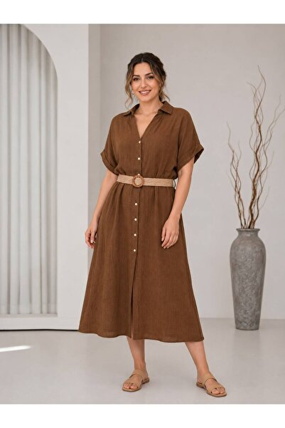 MENSAR OTANTİK Straw Belt Detailed Buttoned Cotton Dress 📍 38/48 Size Compat...