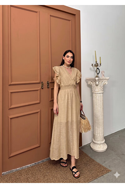 Butik Şenel Double-Breasted Collar Flounce Sleeve Linen Long Summer Dress