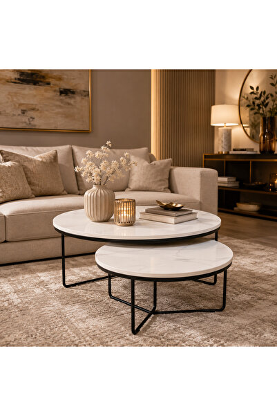 N.zone Two-Piece Nesting Round Coffee Table Set with Marble Top and Metal Fra...