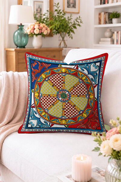 Home Renkli Yuvarlak Çini ve Patchwork Desenli Kırlent Kılıfı - Mavi Kırmızı ...