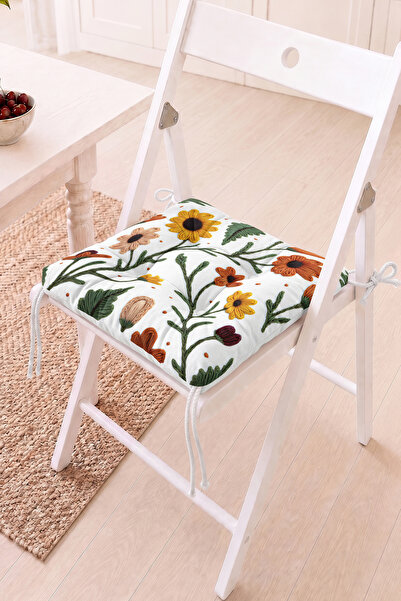 Home Nakış Görünümlü Çiçek ve Yaprak Desenli Pofidik Sandalye Minderi - Beyaz...