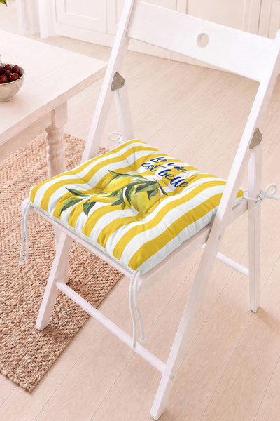 Home La Vie Est Belle Yazılı Limon Desenli Pofidik Sandalye Minderi - Sarı Be...