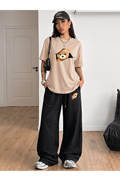 darkopia Unisex Zipper Bear Print Oversized Tshirt and Baggy Sweatpants - Sum...