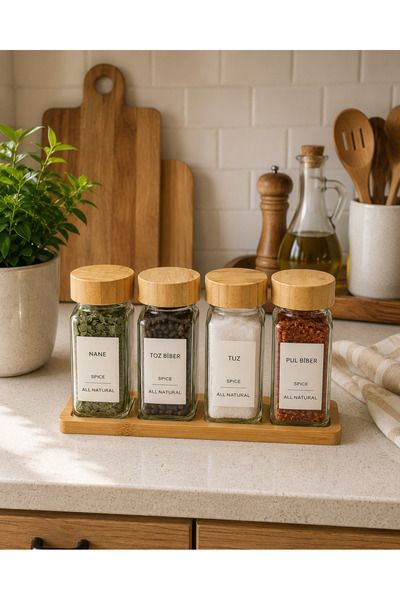 CEZVE HOME Rectangular Stand with 4-Piece Square Glass Spice Jar Set with Bam...