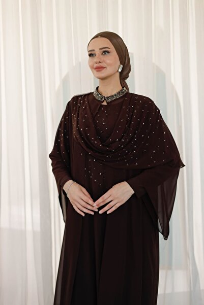 Melisa Boutique By Selma Özkan Taşlı Drapeli İkili Takım, Kahverengi Tesettür...
