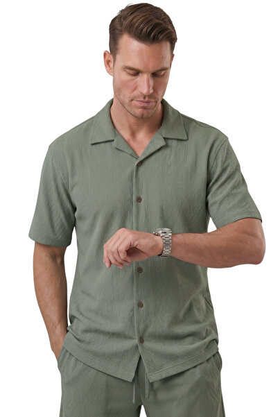 DeepSEA Khaki Apaş Collar Textured Cotton Men's Shirt – Lycra Short Sleeve Sh...