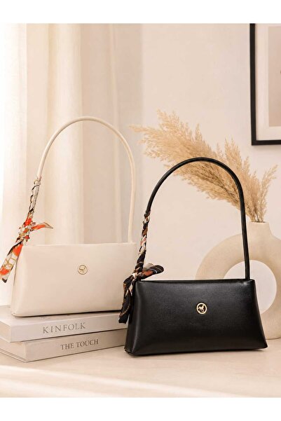ZİVORA Set of 2 Women's Scarf Detailed Baguette Bag Black and White Leather L...