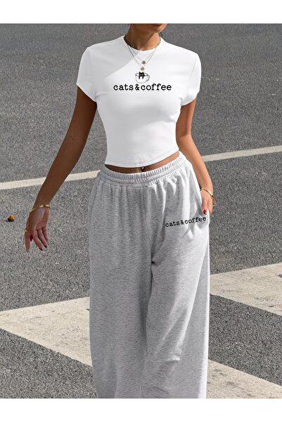 macklin Women's Cats & Coffee Printed Baby Tee Combed Cotton Crop Top and Swe...