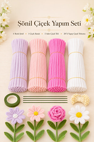 OLİ Art Şönil Çiçek Yapım Seti 100 Adet Lila Açık Pembe Canlı Pembe Beyaz Şön...