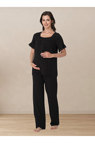ByLohusa Soft Textured Muslin Fabric Maternity Set Effortt - Black