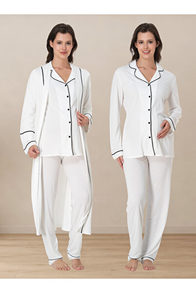 ByLohusa Soft Textured Long Sleeve Buttoned Cotton Maternity Pajama Set with ...