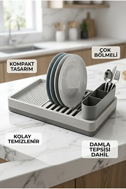 Eco Lounge Minimal Gri Tezgah Üstü Bulaşıklık Tabak Bardak Kaşık Kurutmalık M...