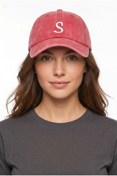 ŞapkaMania Letter S Red Embroidered Washable Vintage Unisex Hat