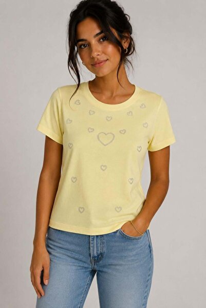 Raneel Kazançlı Alışveriş Women's Heart Stone Printed Short Sleeve Blouse Yellow