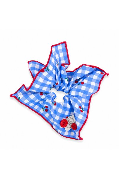 Marka Blue Checkered Cherry Patterned Bow Scrunchie Hair Clip