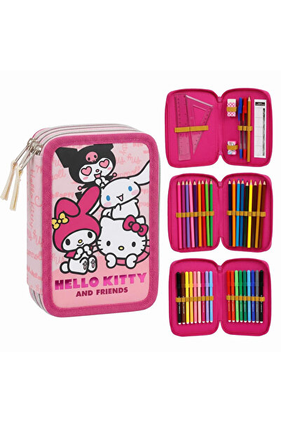 Hello Kitty Троен несесер за моливи, оборудван с 44 броя Giotto, и Friends Pink.