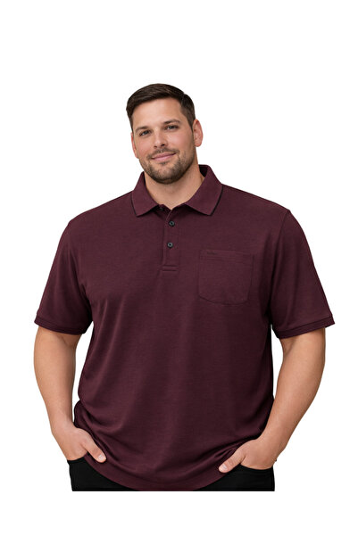 BattalModa Men's Large Size Melange Burgundy Polo Collar Short Sleeve Single ...