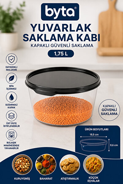 BYTA 1.75 L Round Storage Container with Lid Transparent Food Storage Contain...