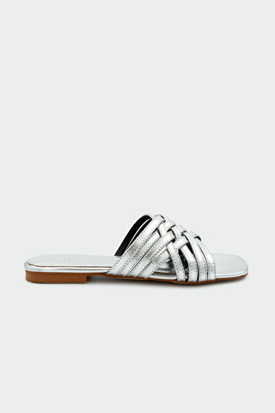 LAMİNTA Sley Knitted Detailed Women's Silver Flat Slippers
