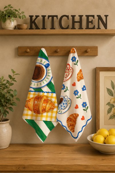 milroma Coffee Croissant Green Striped Breakfast Kitchen Patterned Modern Retro 2-Piece Kitchen Towel Set 35X55