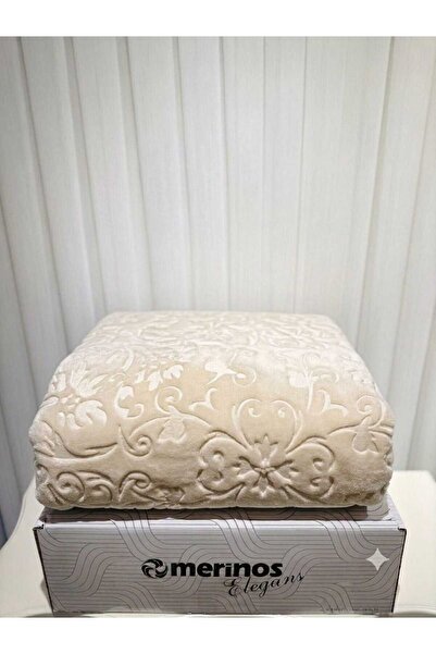 Merinos Elegant Flower-Patterned Beige Double Blanket