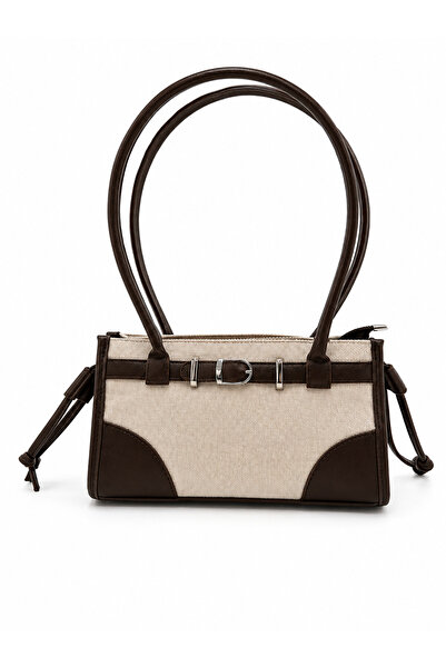 Sellini Linen Leather Detailed Rio Baguette Women's Shoulder Bag Bitter Brown