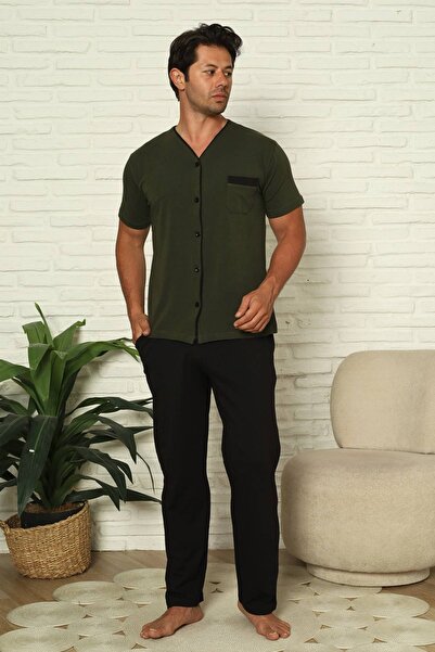 ALİMER Front Buttoned Men's Pajama Set - Green Short Sleeve Lycra Cotton 1230Ky