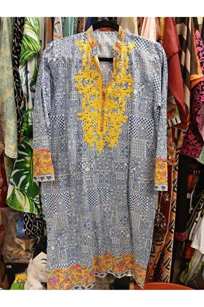 khadl Khaadi Blue Printed Kurta with Yellow Floral Embroidery, Long Sleeves, ...
