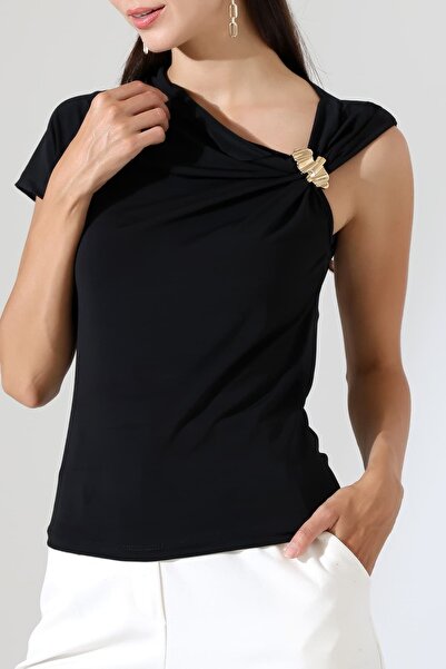 Sabr Asymmetrical Collar Sandy Blouse with Metal Accessories