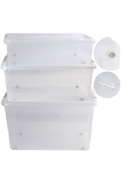 EDANTI 3 cutii de depozitare din plastic cu roți și capac, 28L, 40L, 55L, tra...