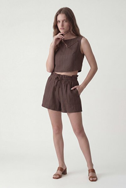 Antioch Coffee Linen Blend Striped Shorts Set