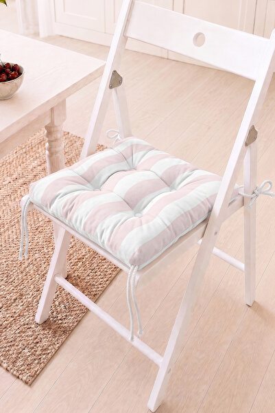 Home Pembe Beyaz Çizgili Pofidik Sandalye Minderi - Dekoratif ve Rahat Oturum...