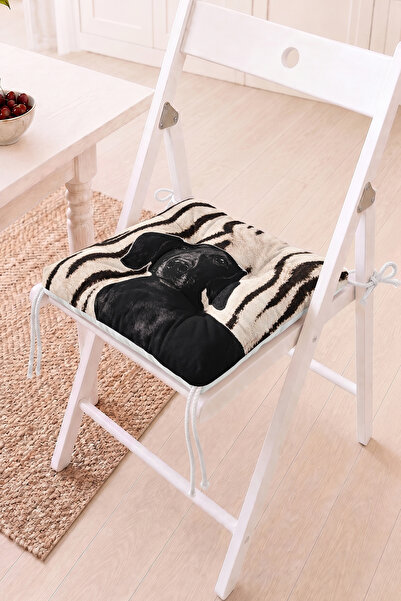 Home Siyah Köpek Figürlü Pofidik Sandalye Minderi - Zebra Desenli ve Modern D...