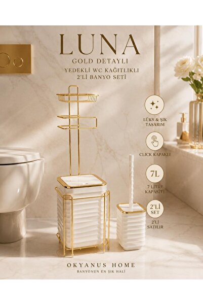 Okyanus Home Gold Kare Refillable Toilet Paper Holder - White Luna Trash Can ...