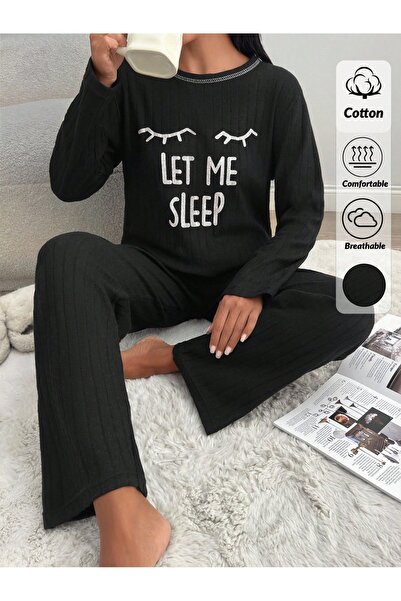 Mios Moda İnterlok Siyah Pamuklu Fiyonk Detaylı Pijama Takımı